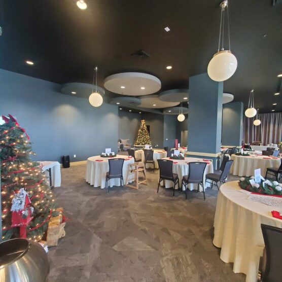 tables and chairs set up in a room with a few christmas trees scatterd around
