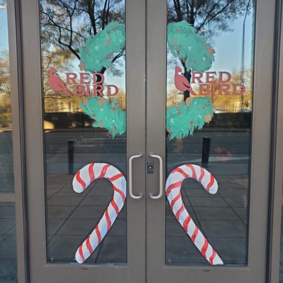 glass doors with a wreath and candy canes painted on ithem