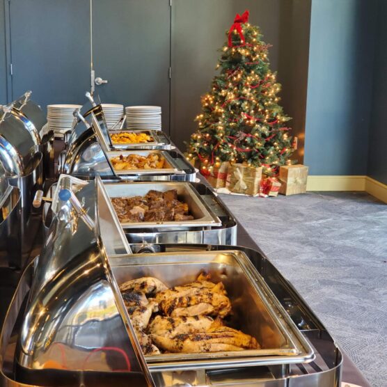 buffet table with hot food